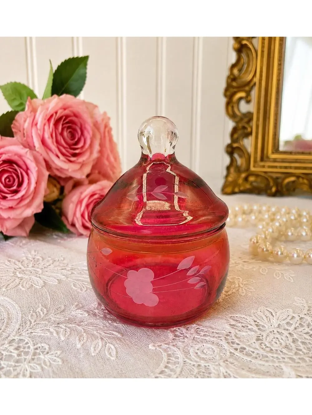 Vintage Cranberry Pink Art Glass Covered Trinket Jar Etched Floral Candy Dish